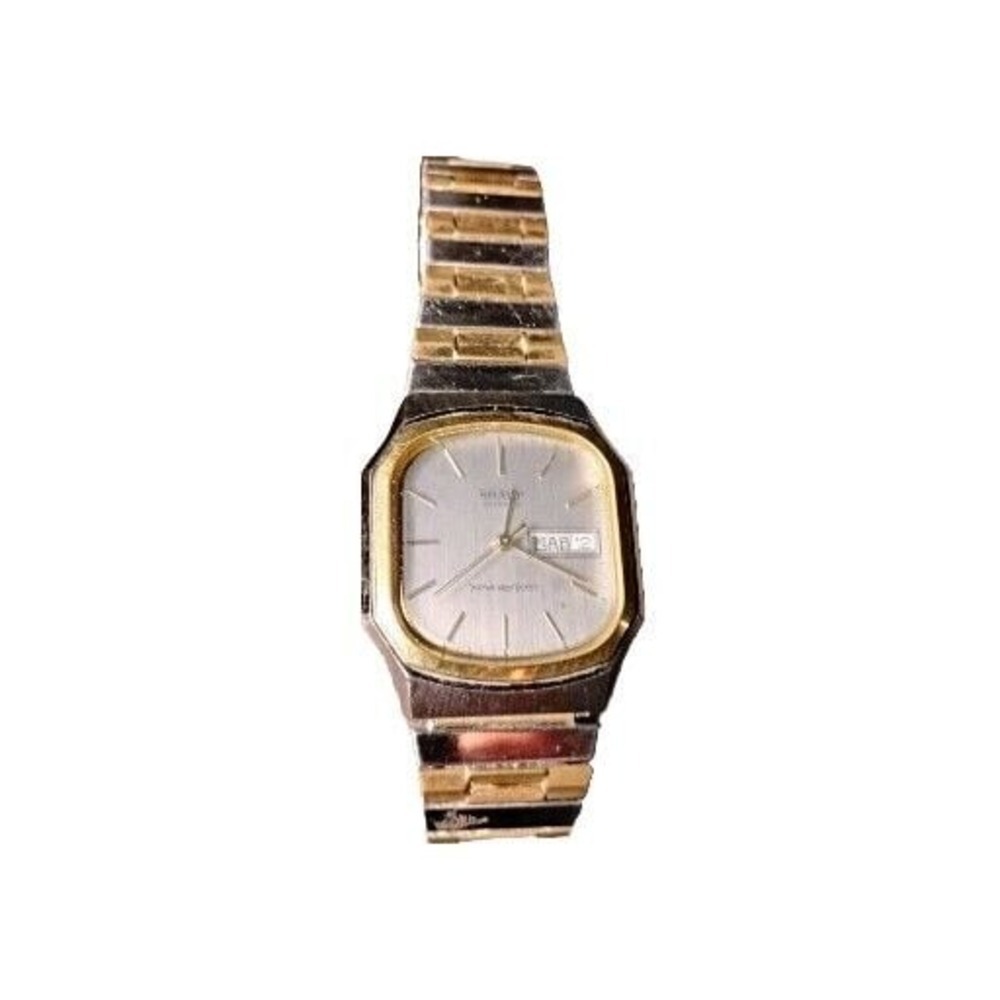 Vtg Sharp Mens Watch 80s‎ Tank Quartz Silver Gold 2 Tone Day & Date Waterproof